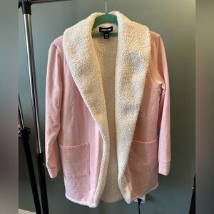 Lands End Sherpa Lined Open Front Cardigan in Pink